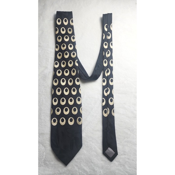 Modules Other - Modules Mens 100% Silk Tie Black Cream Geometric Oval Ring Pattern Made in Japan